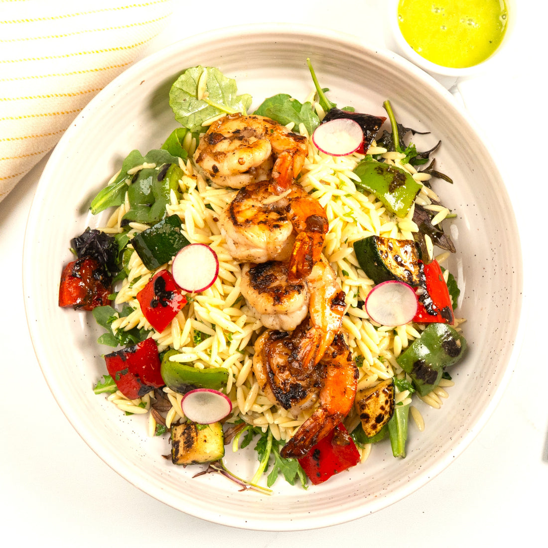 Grilled Shrimp Orzo Salad with Coconut Basil Pesto Dressing
